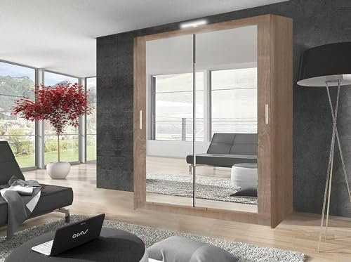 GSW Bedroom Furniture Modern Full 2 and 3 Mirror Sliding Door Wardrobe With Shelves And LED Light, Hanging Rail (150CM, Oak)