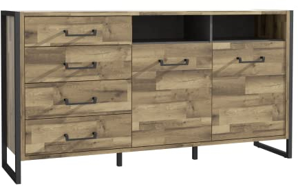 Newroom Kommode Stabeiche und Betonoptik Sideboard Modern - 168,8x90,7x41,5 cm (BxHxT) - Highboard Anrichte - [Carmen.Three] Flur Diele Eingangsbereich
