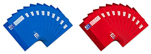 Oxford Schulheft A4, liniert, mit weißem Rand, 32 Blatt, blau, 10 Stück & Schulheft A4, kariert, mit weißem Rand, 32 Blatt, rot, 10 Stück