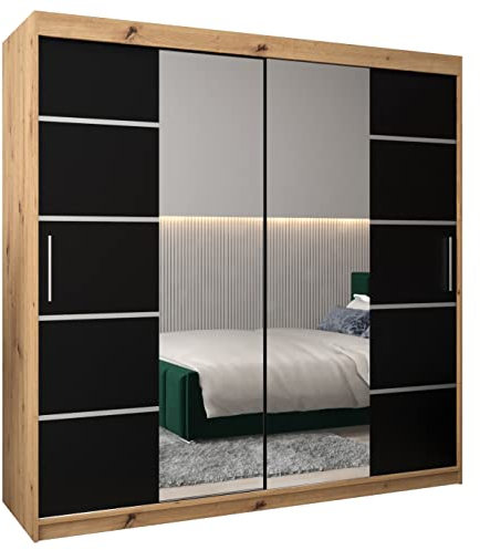 ABIKSMEBLE Verona 4 200 Armario 2 Puertas Correderas para Dormitorio - Armario Moderno con Espejo, Barra y Estantes - 200x200x62 cm (Ancho x Alto x Fondo) - Artisan + Negro Mate