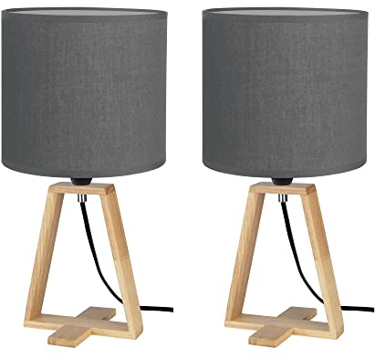 FORLIGHT Nuts (2 unidades) Lámpara de Mesa Nórdica para Dormitorio y Salón. Lámpara para Mesita de Noche de Madera Natural y Textil de Color Gris para Dormitorio y Salón. E27