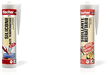 Fischer Silicone Sigillante Alte Temperature SAT Nero, Fino a 350°, Acetico, per Muratura, Plastiche, Metallo, Vetro e Ceramica & Sigillante Refrattario SR Nero