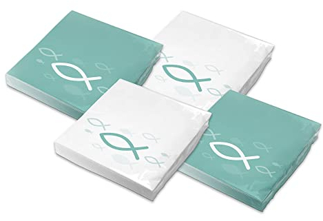 itenga Servietten Fisch 30 x 30 cm 3-lagig 80 Stück für Taufe Kommunion Konfirmation Jungen und Mädchen (Mix Pack - weiß und türkis)