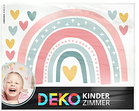 DEKO KINDERZIMMER Wandaufkleber Regenbogen mit Herzchen Wandsticker rosa Mint Kinderzimmer Babyzimmer Wandtattoo Mädchen Herzen Wanddeko DK1037-17-L