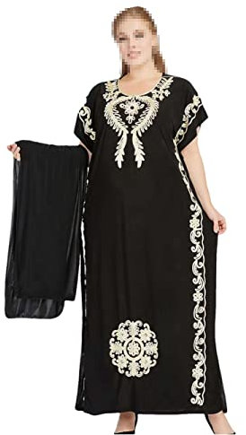 Vsadsau Afrikanisches Kleid mit Blumenstickerei, mit Schal, Islam, muslimisch, lang, Abaya, Schwarz , L