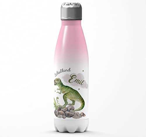 Mikalino Kinder Edelstahl Trinkflasche Schulkind Gefährlicher Dinosaurier mit Wunschnamen Einschulung Geschenk Geschenkideen Thermosflasche Mädchen Junge, Farbe:rosaweiss, Grösse:500ml