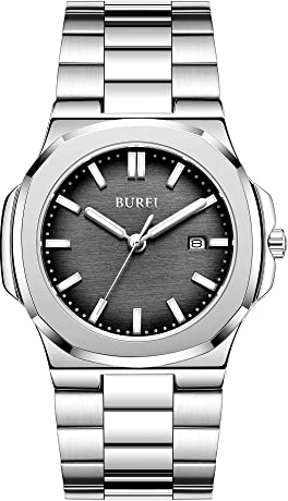 BUREI Herren Uhren Mode Analoge Quarz Date Uhren Business wasserdichte Armbanduhr mit Edelstahlarmband (Sliber schwarz)
