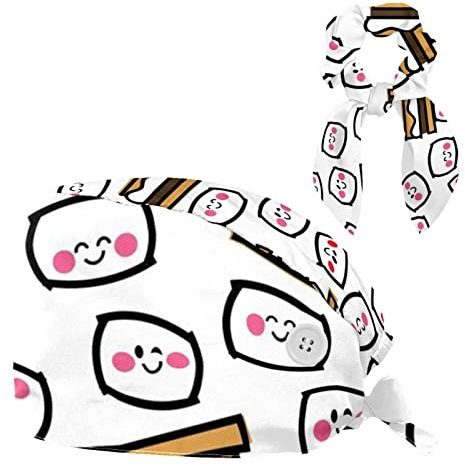 Scrub Hats für Damen, langes Haar, Arbeitskappe mit Knopf und Schweißband, Unisex-Hüte mit Bindeband,Kawaii Muster Cartoon Zuckerwatte