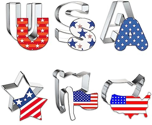 6 PCS Patriotic Metal Cookie Cutters, 4th of July USA Words American Flag Map Cutter Mold for Kitchen Baking Labor Day Stainless Steel Biscuits Cutters for Independence Day Home Baking Gifts