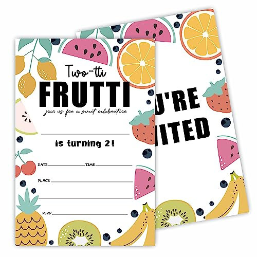 YKYENR Einladungskarten zum 2. Geburtstag – Two-tti Frutti Einladung – 20 Karten mit Umschlägen, doppelseitige Einladungen für Jungen und Mädchen, Geburtstagsparty, Dekorationen und Zubehör – 26