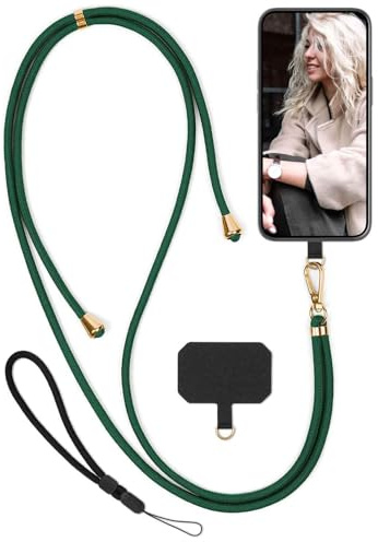 moex Unleash für Samsung Galaxy S23 Handyband zum Umhängen ohne Hülle, Handykette Universal mit Karabiner, Handy Band abnehmbar, Kette mit Pad für Handyhülle, Grün, Gold