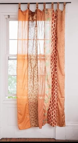 BMK Fashion Vorhang, 1 Paar, indischer alter Sari-Vorhang, bunt, Heimdekoration, Türvorhang, Fensterdekoration, Seide, Sari, Hippie, Recycling-Vorhänge, Fensterpaneele, 213 x 109 cm, Orange
