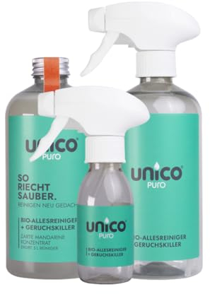 unicopuro® Allesreiniger Starter-Set Zarte Mandarine – 500 ml Konzentrat = 5 L – inkl. 500 ml & 100 ml Sprühflaschen + Soft-Touch Microfasertuch – biologisch abbaubar, Geruchskiller, in 7 Düften