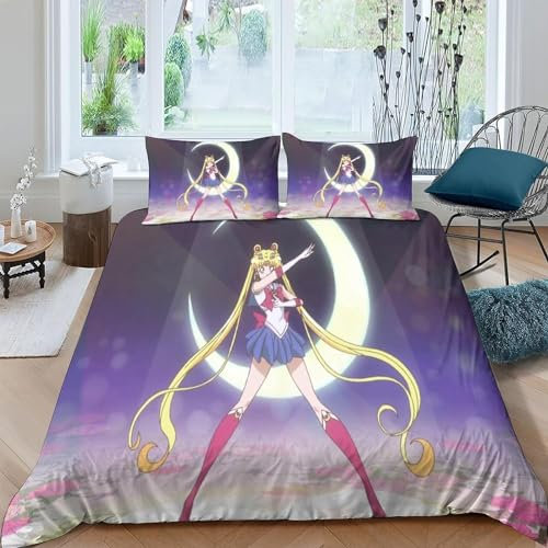 WolWes Anime Bettwäsche 135×200CM,Kinder Bettbezug Set Mit Kissenbezügen 80×80 cm，Japanisches Anime Moon Girl,Mikrofaser Bettbezug, Für Kinder Jungen und Mädchen（C1）