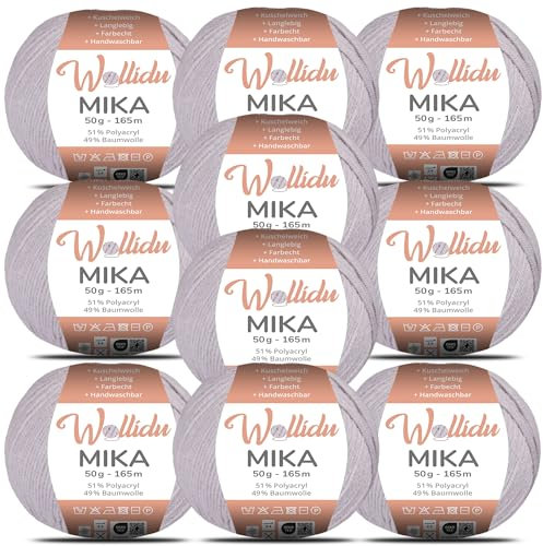 Wollidu Mika 51% Polyacryl 49% Baumwolle zum Häkeln und Stricken 10x 50g/165m Oeko-Tex Strickgarn Häkelgarn - Hellgrau