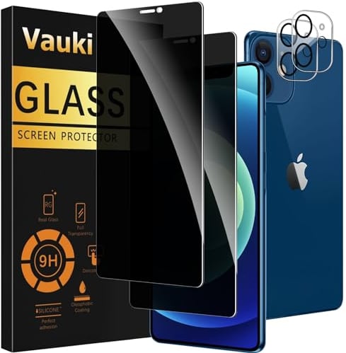 Vauki Verre Trempé Anti Espion pour iPhone 12 Mini avec Caméra Arrière Protecteur [2+2 Pièces],Anti-Espion Film de Protection D'écran,Dureté 9H Privacy Anti-Spy Vitre,Anti-Rayures,Sans Bulles