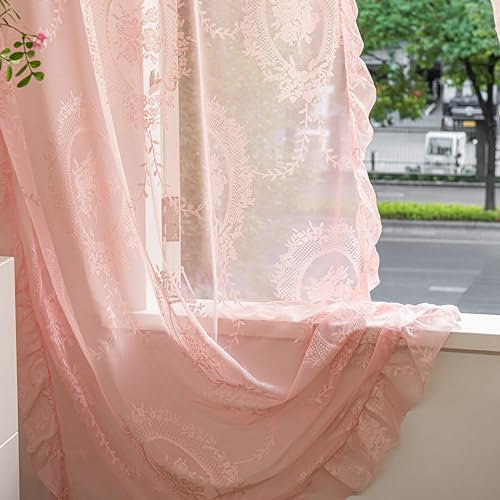 Lavyhuno Tende in pizzo rosa lunghe 213,4 cm, set di 2 pannelli per camera da letto e soggiorno, motivo floreale con rose velate ricamate, stile shabby chic, tende per finestre, tende per camera da