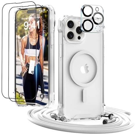 GUtttGU Cordón para Funda iPhone 14 Pro MAX Correa Hombro con 2 Protectores Pantalla Cristal Templado + 2 Películas Protectoras Cámara Compatible con Magsafe Carcasas para iPhone 14 Pro MAX Despejar