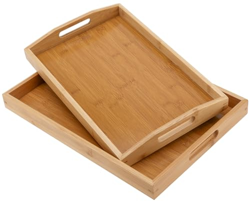 KOHAND 2 Pack Bamboo Serving Tray with Handles, 2 Sizes of Rectangular Wooden Platters Tray, Bamboo Food Tray for Serving Breakfast, Dinner, Tea, Coffee, Snack