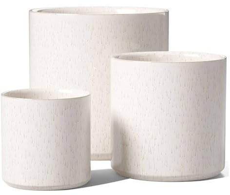 LE TAUCI 15+20+25 cm Plant Pots Set, Ceramic Planters for Indoor Plants, Mid-Century Modern Flower Planter Pots with Drainage Hole and Plug, Cylinder Round Planter Pots, Set of 3, Linen Birch