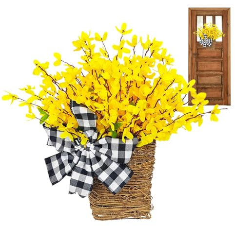 Spring Door Wreaths, Front Door Wildflower Garland, Yellow Hanging Basket Garland, Artificial Flowers Front Door Basket Wreath, Spring Basket Wreath with Plaid Bowknot for Home