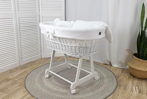WIKLINOPOL IRENEUSZ ZYGMUNT WICKER WOOD BABY 2000 EU Korb, Stubenwagen, Bollerwagen Moseskorb Weiß mit Gestell, Matratze und Bettwäsche, Bettbezug