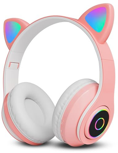 GLOBAL TECH Wireless Bluetooth Kids Headphones, Foldable Cat Ear Headphones with LED Flashing Lights, Built-in Mic, Volume Controls, Over Ear Children Headphones for Tablet, PC, Laptop, Phone, iPad