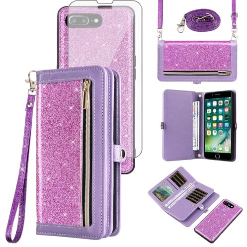 Asuwish Phone Case for iPhone 7plus 8plus 7/8 Plus Zipper Wallet Detachable Cell Cover with Screen Protector Strap Bling Glitter Flip Card Holder i Phone7s 7s + 7+ 8s 8+ Phones8 7p 8p Women Purple
