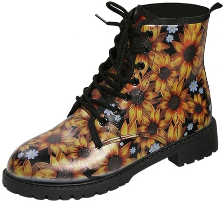 Ulalaza Damenstiefel mit runder Zehenpartie und Blockabsatz, Gothic-Plateau-Stiefeletten, Schnürstiefeletten, Punk-Motorradstiefel, mehrfarbig bedruckt, kurze Lederstiefel