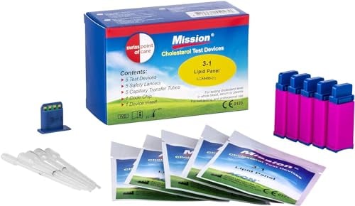 Swiss Point Of Care Mission 3 in 1 Teststreifen und weiteres Messzubehör | 5 Cholesterin Teststreifen, inkl. 5 Transferschläuche, 1 Codechip, 1 Geräteeinsatz