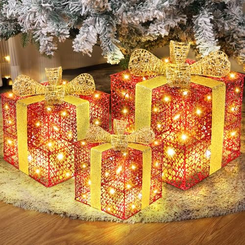 RDDAIPE 3er Set Led Geschenkboxen Weihnachten, Beleuchtete Geschenkboxen, Led Geschenkbox mit 60 Warmweiß Led und Schleifen,für Weihnachtsdeko Beleuchtete,Weihnachtsbaum,Geburtstag Geschenke,Fenster
