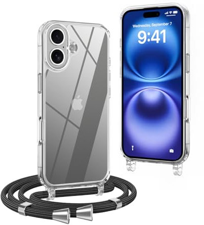 OLEPHY Crossbody Lanyard Case Compatible with iPhone 16 with Strap, Necklace Mobile Phone Cover with Adjustable and Removable Neck Strap, Transparent Shockproof Protective Case, Black