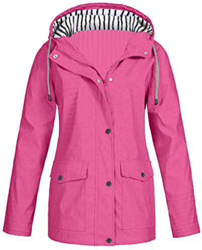 AIchenYW Giacca impermeabile da donna, tinta unita, alla moda, impermeabile, traspirante, con cappuccio, parka antipioggia con cappuccio, rosa intenso, 5X-Large