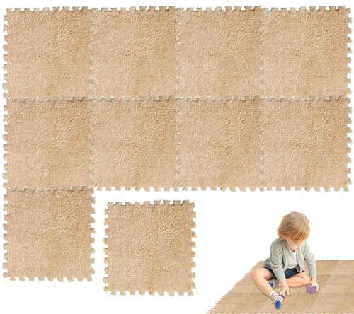 10PCS Carpet Tiles 12x12 Inch Plush Carpet Squares Non-slip Interlocking Floor Mats Soft EVA Foam Floor Tiles Cuttable Foam Mats for Kids Room, Porch, bedroom Light Brown