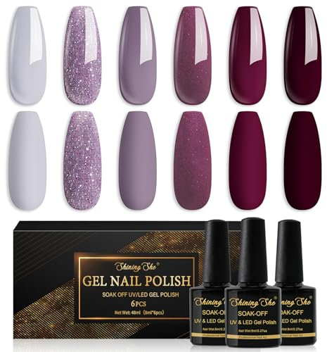 Shining She Smalto Semipermanente Unghie,6 Colori Autunno Inverno Grigio Viola Rosso Scuro Viola Scuro Glitter Smalti Semipermanenti per Unghie Gel UV/LED per Principiante Nail Art,8ML