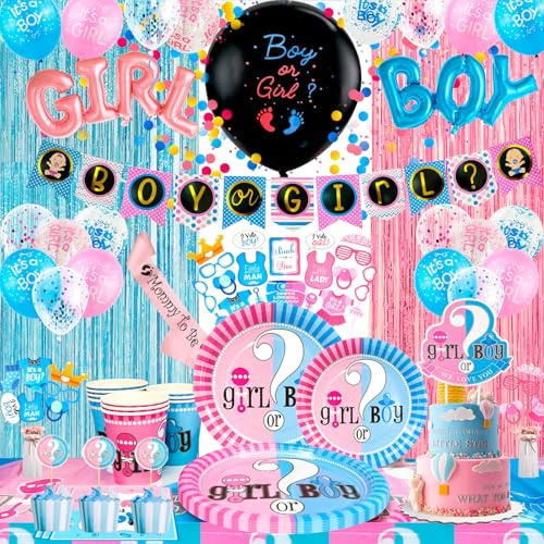 Gender Reveal Party Supplies,For 16 Gender Reveal Decoration&Tableware Set - Plates Napkins Table cloth Balloons Banner Photobooth Props etc Party Decoration