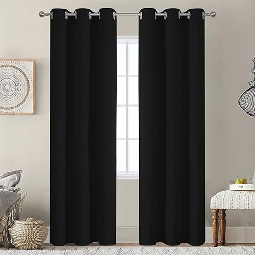 VEHEDE Blackout Vorhänge Schlafzimmer, 84 Zoll Drop 2 Panels Thermische Öse Lange undurchsichtig Vorhang, Energieeinsparung Privatsphäre Fenster Gardinen für Home Decor, H214 xB97, Schwarz
