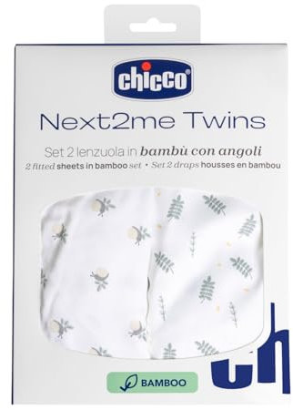 Chicco Bamboo Fiber Bedding Set Compatible with Next2Me Twins Cradles 2 Piece Bedding Set with Corners Leaves and Snails Pattern