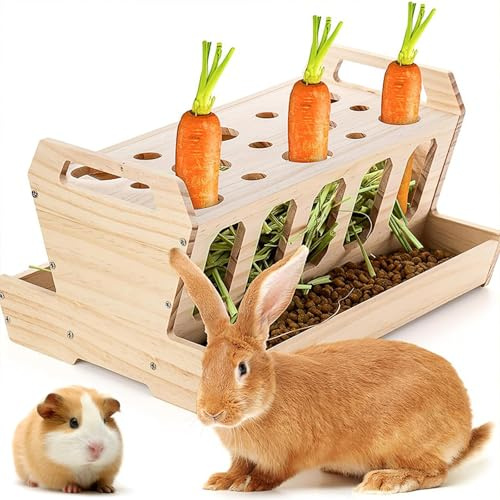 DOUBFIVSY Kanin hömatare - automatisk dispenser, matare för gräs och morötter, naturligt trä för pig, chinchillor, 33 x 22 x 18 cm