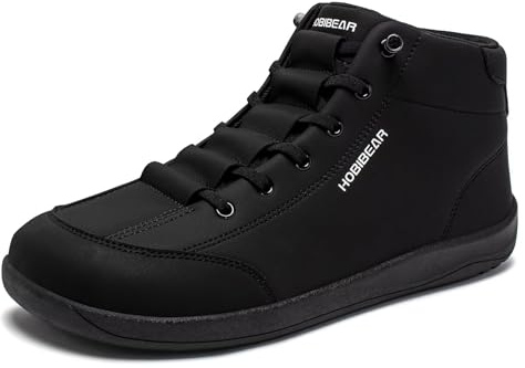 HOBIBEAR Leather Barefoot Boots Zero-Drop Wide Width Minimalist Shoes Unisex Mid Top Walking Boots(All Black Women 12,Men 11)