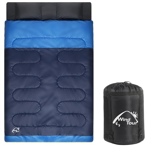 Double Sleeping Bag for with 2 Pillows - Lightweight 2 Person Sleeping Bag, Adults & Teens Cotton for Camping, Backpacking, Hiking with Carrying Bag for Cold & Warm (Navy Blue | 5.3Pounds)