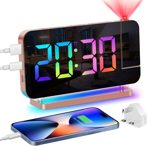 Venchin Projection Clock Alarm Clocks Bedside Mains Powered | 7.4 LED Mirror Projector Clock with 180° Rotation, USB Charging, Night Light, Volume/Brightness Adjustable, Modern Decor
