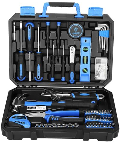 DEKO Caja de Herramientas de 100 Piezas Color Azul, Kit de Herramientas de Bricolaje para Hogar, Oficina y Coche, con Juego de Destornilladores, Martillo y Set de Alicates