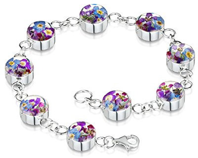 Shrieking Violet 925 Sterling Silver Round Real Flower Link Bracelet - Assorted Flowers (Purple Haze)