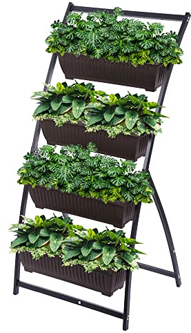 Khomo Gear - Fioriera verticale con 4 vasi per orto urbano per fiori e piante, giardino, terrazza, balcone, interno esterno, marrone e nero