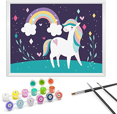 Zimrobin Peinture au Numéro pour Enfants 5-7 Ans - Kit d'Art Comprenant Peintures Acryliques, Cadre Photo et 3 Pinceaux (Licorne Dansante)