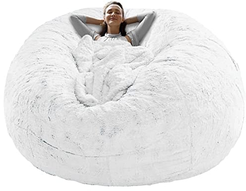 Cookit Bean Bag Chair Cover(Cover Only,No Filler) Chair Cushion, Big Round Soft Fluffy PV Velvet Washable Lazy Sofa Bed Cover, Living Room bedroom Furniture,5ft/150cm White