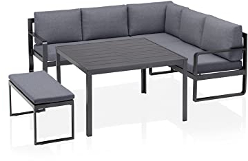 KETTLER Ocean Casual Dining Eckset inkl. Kissen – Moderne Sitzlounge aus Aluminium mit 2-Sitzer, 3-Sitzer, Bank & Tisch – komfortable Garten Sitzgruppe mit Liege-Option – anthrazit/grau