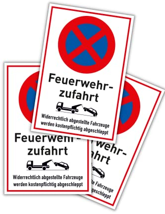 3 Stück Schild Parken verboten Feuerwehrzufahrt 20cm x 30cm Widerrechtlich abgestellt Fahrzeuge werden kostenpflichtig abgeschleppt hergestellt aus PVC Halteverbot Schild mit UV-Schutz