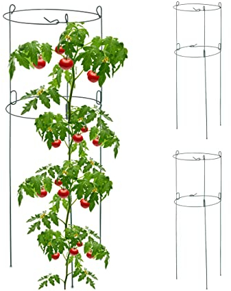 Relaxdays Rankhilfe 3er Set, Metall, runde Pflanzenstütze Tomaten & Gurken, HxD: 76 x 26 cm, 2 Ringe, Gurkenturm, grün